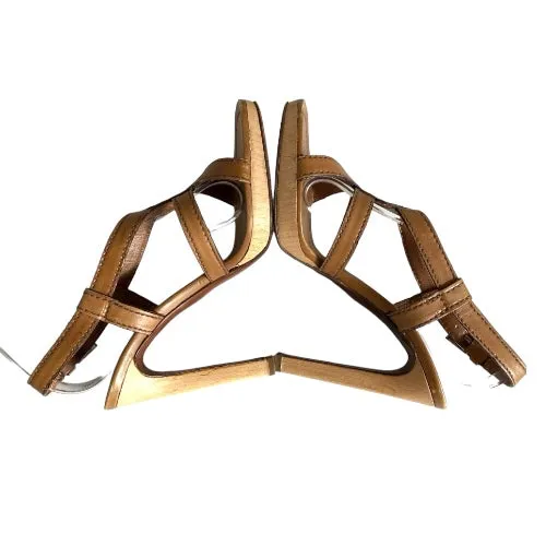 PRADA Camel Brown Leather Strappy Wooden Heel and Platform Sandals, Size 39