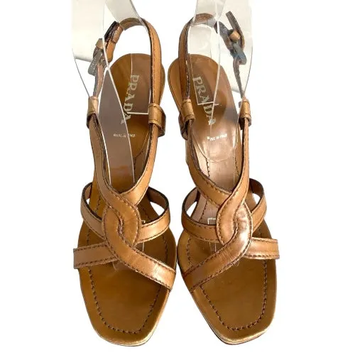 PRADA Camel Brown Leather Strappy Wooden Heel and Platform Sandals, Size 39