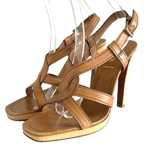 PRADA Camel Brown Leather Strappy Wooden Heel and Platform Sandals, Size 39