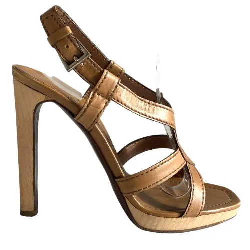 PRADA Camel Brown Leather Strappy Wooden Heel and Platform Sandals, Size 39