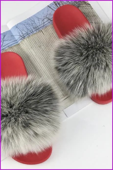 Red PVC Sole Fur Sliders DF073