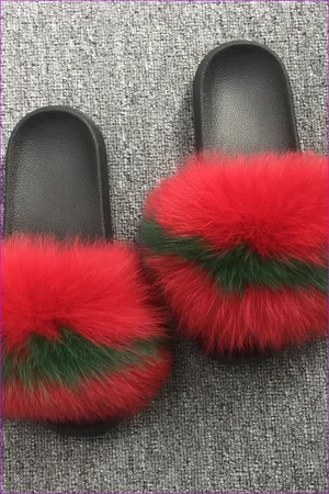 Red With Green Fox Full-Pelt Fur Sliders DF003