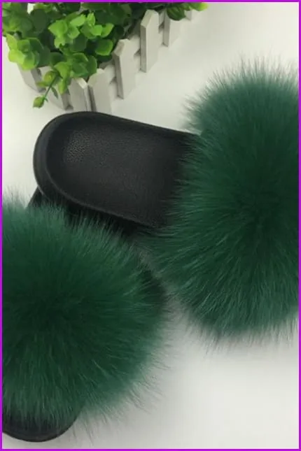 Super Fluffy Green Fox Full-Pelt Fur Sliders DF035