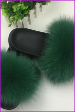 Super Fluffy Green Fox Full-Pelt Fur Sliders DF035