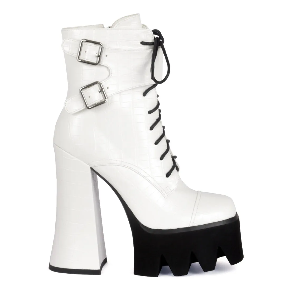 Trucker Block Heel Boots in White
