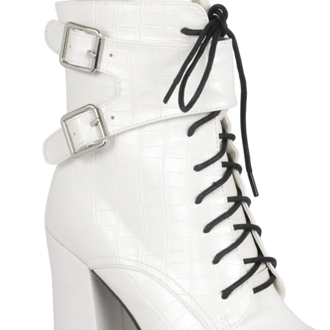 Trucker Block Heel Boots in White