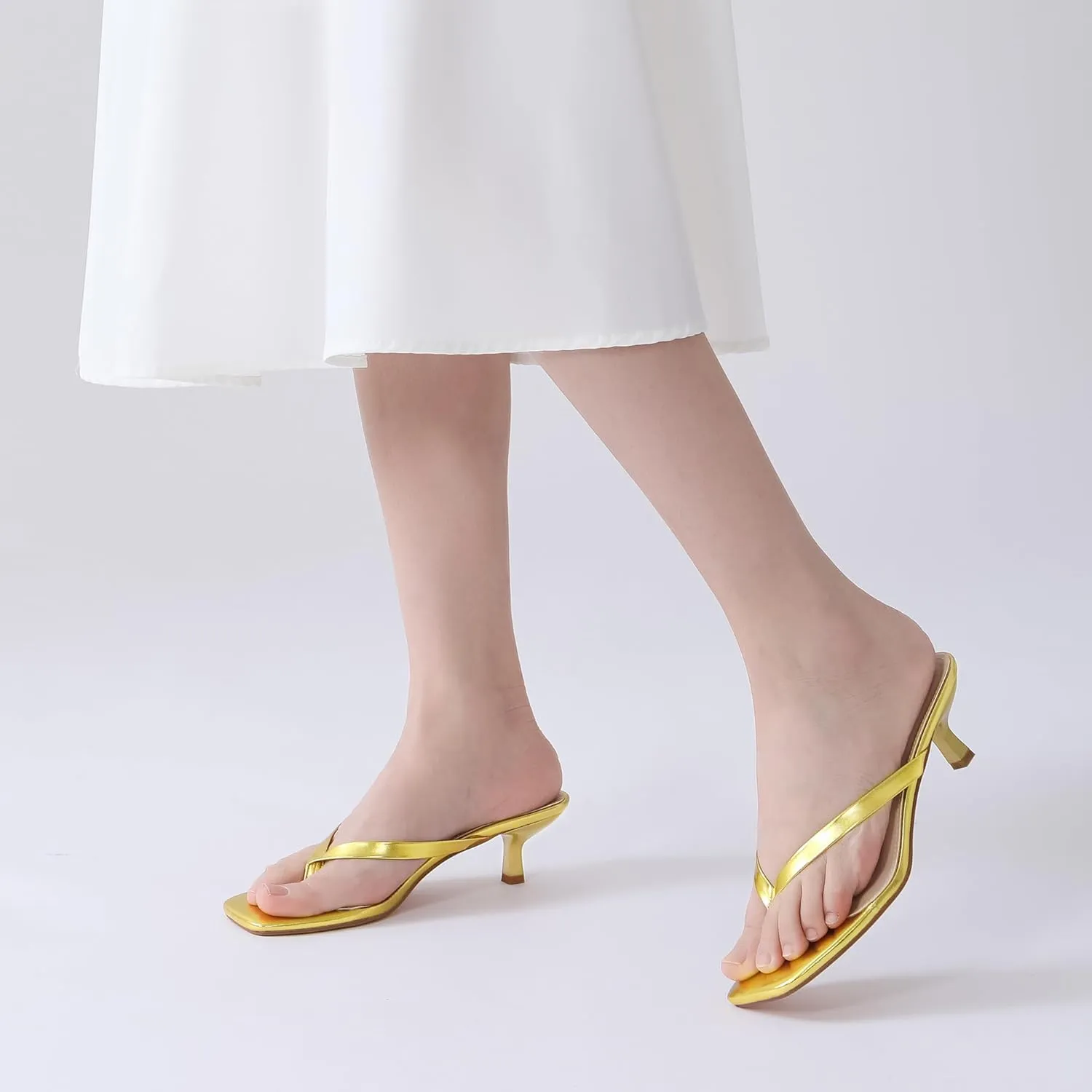 Women's Kitten Heel Sandals Square Toe Slip-On Flip Flop Heels Thong Sandals for Summer 2 Inch Heeled Sandals