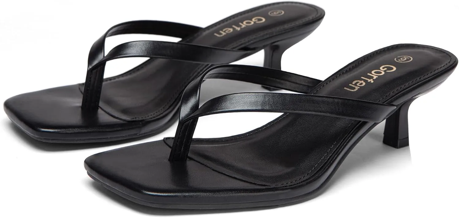 Women's Kitten Heel Sandals Square Toe Slip-On Flip Flop Heels Thong Sandals for Summer 2 Inch Heeled Sandals