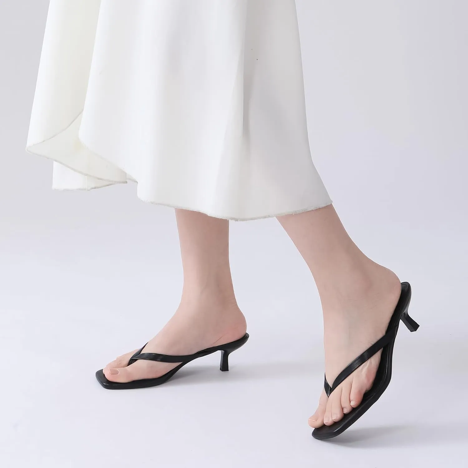 Women's Kitten Heel Sandals Square Toe Slip-On Flip Flop Heels Thong Sandals for Summer 2 Inch Heeled Sandals