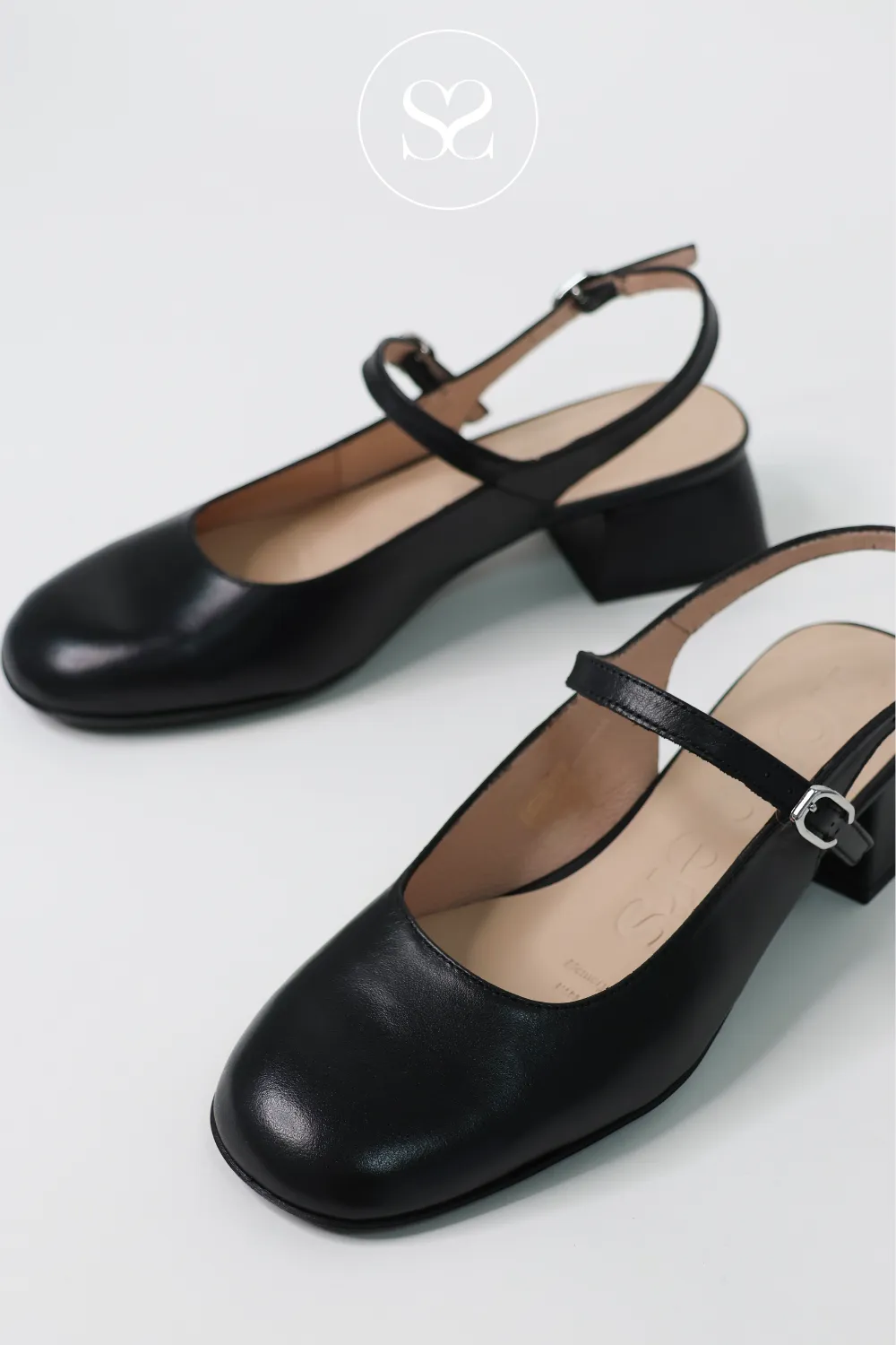 WONDERS D-1222 BLACK LEATHER MARY JANE SLINGBACK BLOCK HEELS