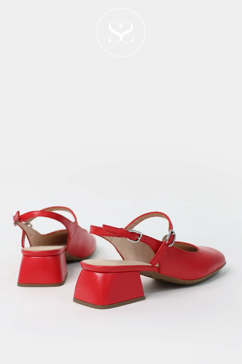WONDERS D-1222 RED LEATHER MARY JANE SLINGBACK BLOCK HEELS