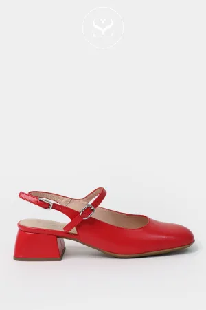 WONDERS D-1222 RED LEATHER MARY JANE SLINGBACK BLOCK HEELS