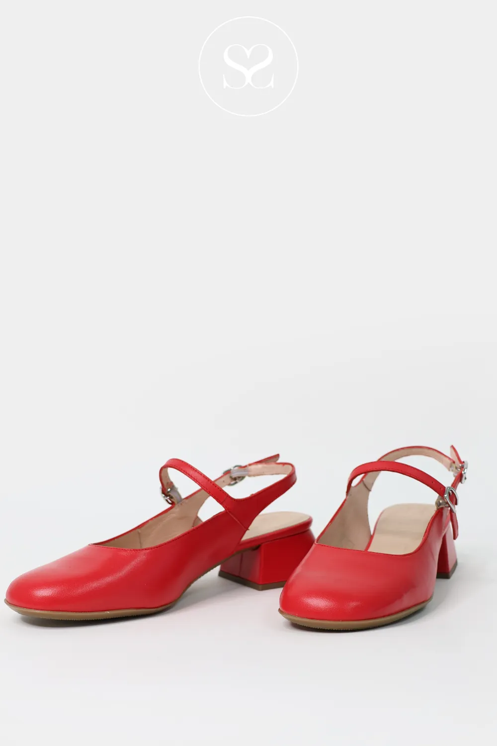 WONDERS D-1222 RED LEATHER MARY JANE SLINGBACK BLOCK HEELS