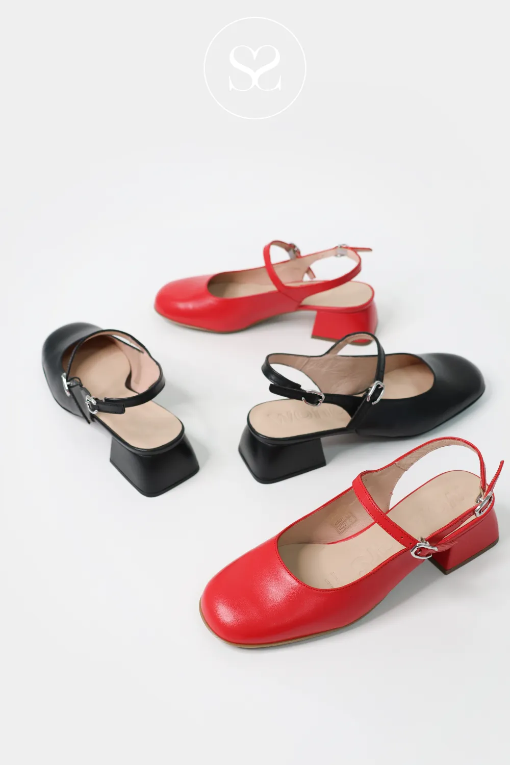 WONDERS D-1222 RED LEATHER MARY JANE SLINGBACK BLOCK HEELS