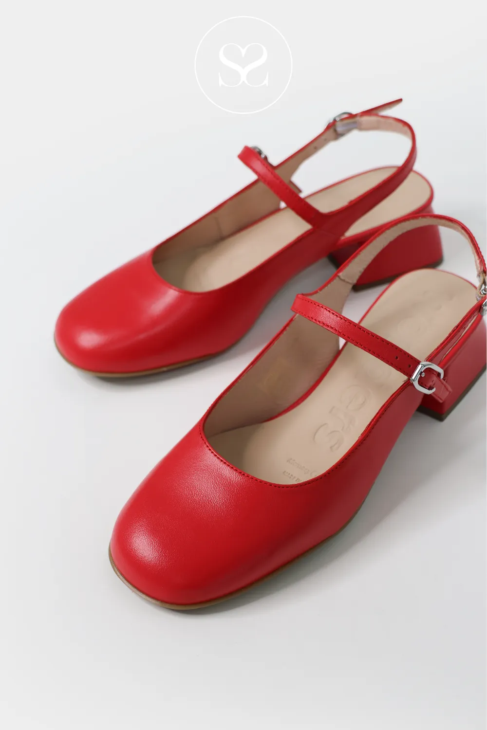 WONDERS D-1222 RED LEATHER MARY JANE SLINGBACK BLOCK HEELS